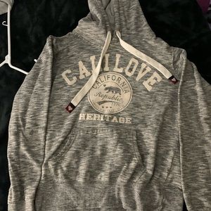 barley worn, warm, drawstring, stain free, gray and white, soft on the inside